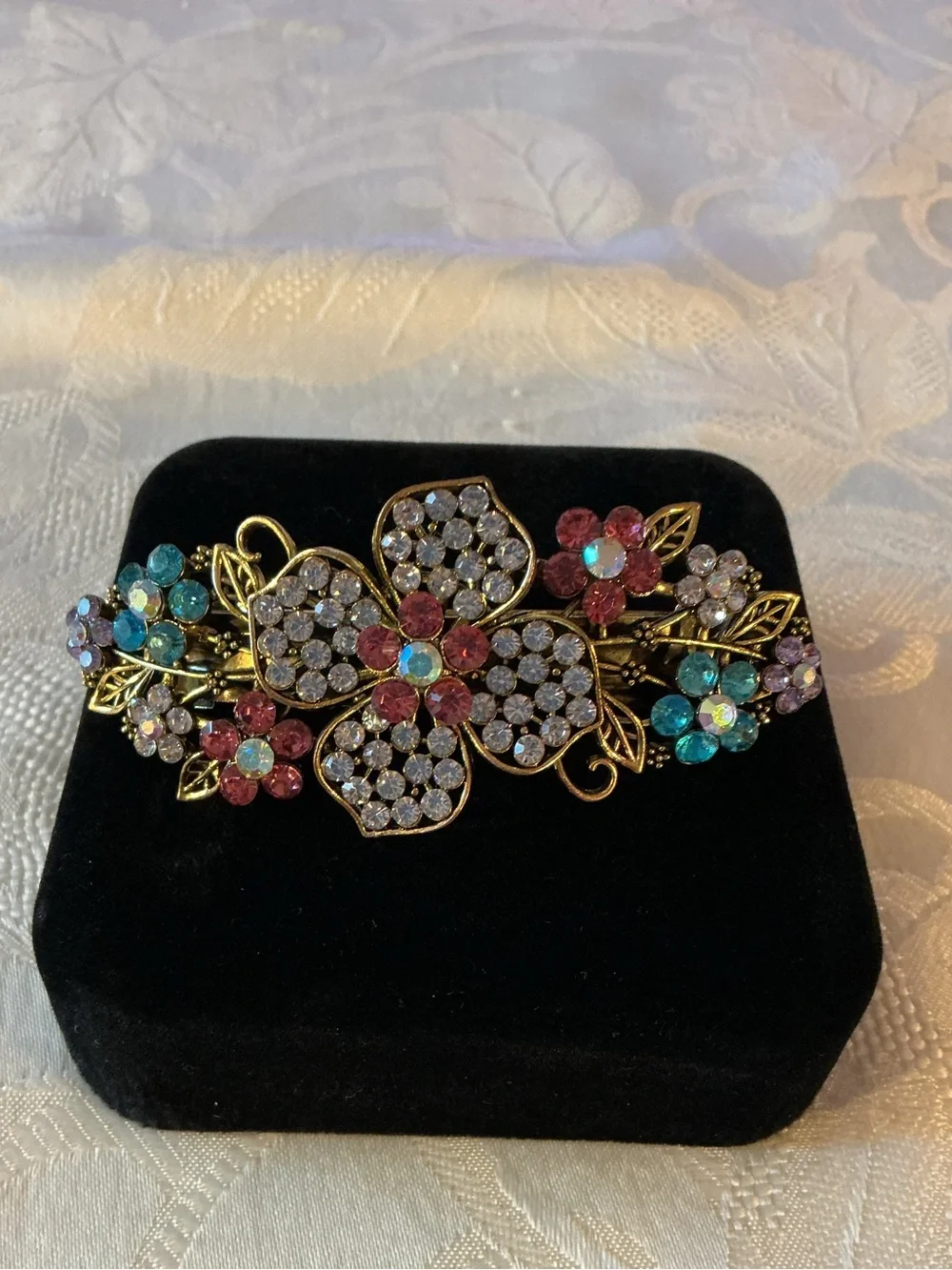 Floral Multicolored Aurora Borealis Gold Tone Barrette
